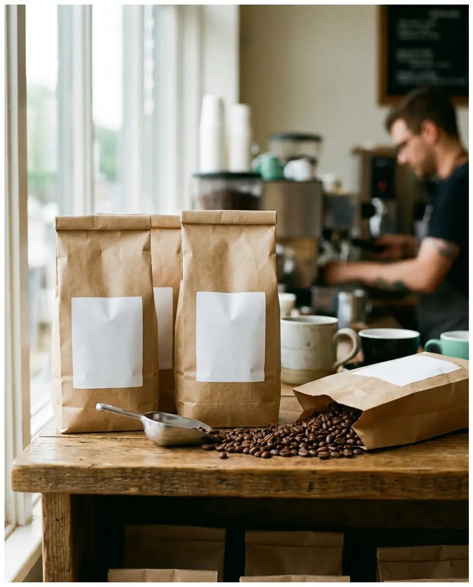 Kraft bags of fresh roast with a scoop of beans