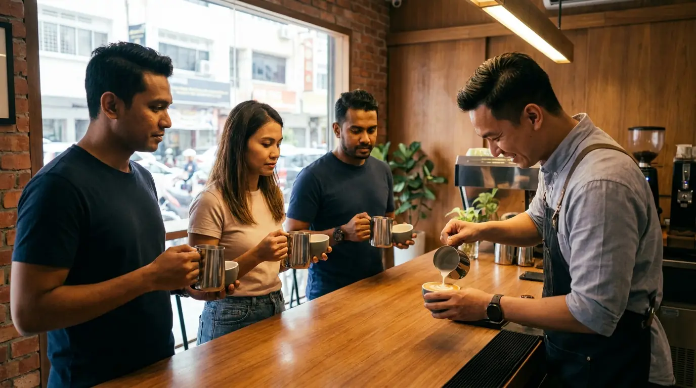 Four people at the Kopi & Kraf bar watching a latte art pour