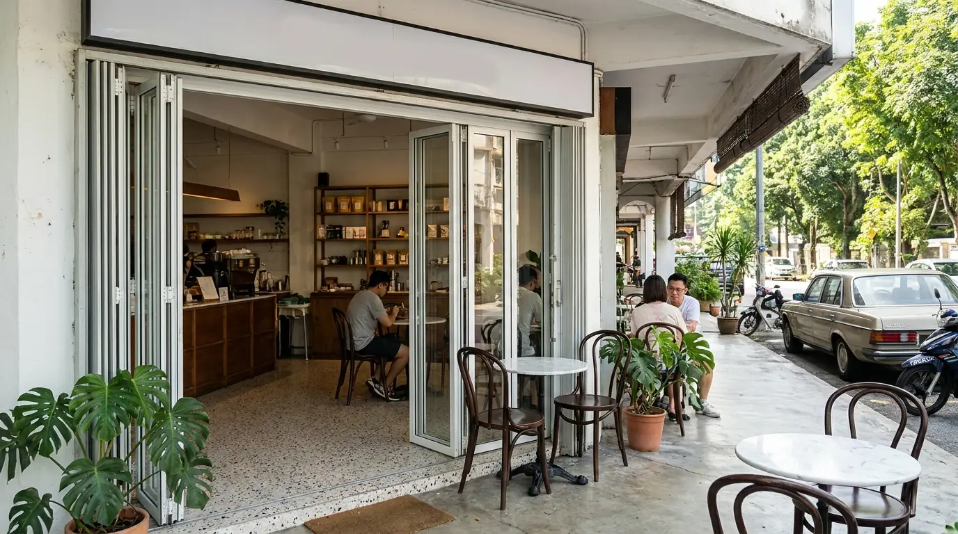 The open folding doors of Kopi & Kraf with tables on the five-foot way