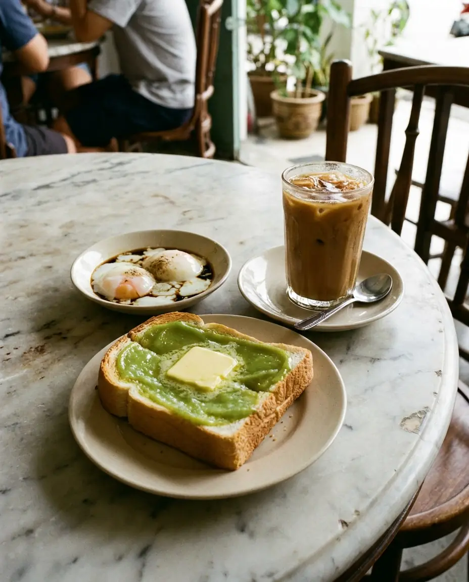 Pandan kaya toast with butter, soft-boiled eggs and iced kopi