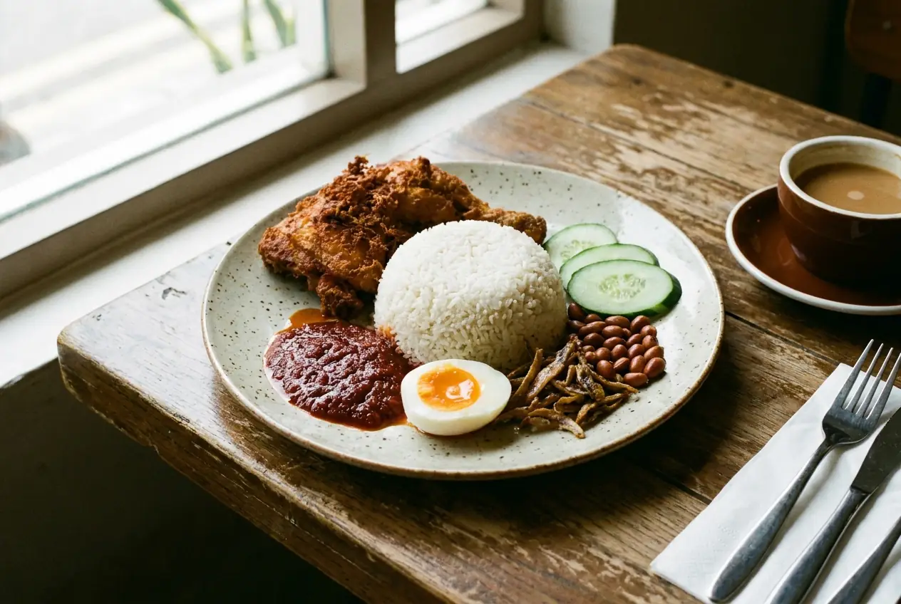 Nasi lemak with ayam berempah, sambal and a jammy egg on a wooden table by the window