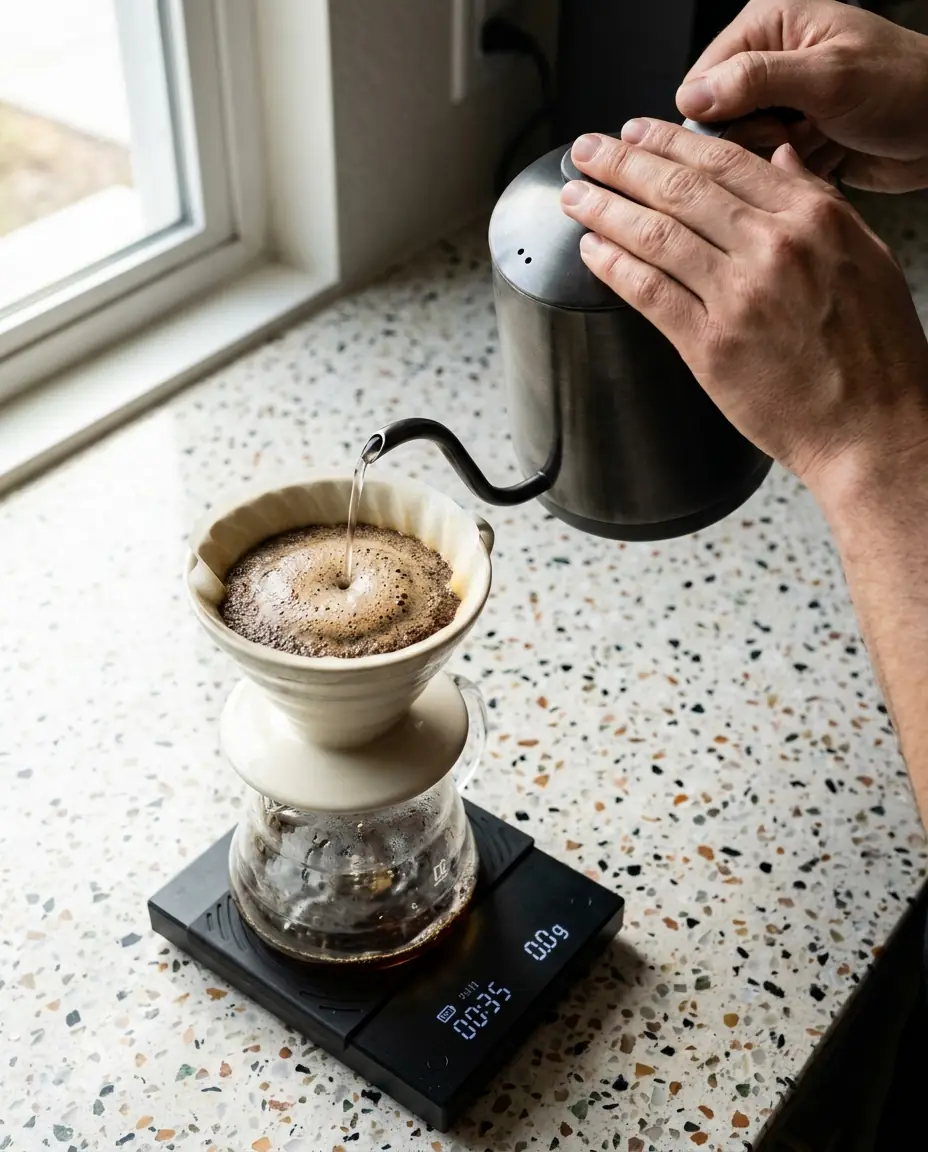 Hot water poured from a gooseneck kettle over a V60 bed of coffee