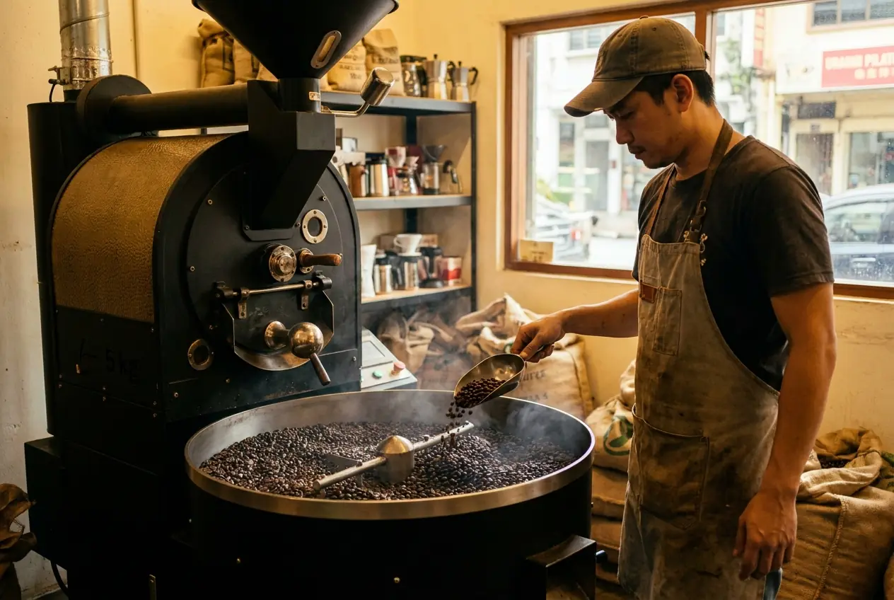 Beans tumbling into the cooling tray of the drum roaster