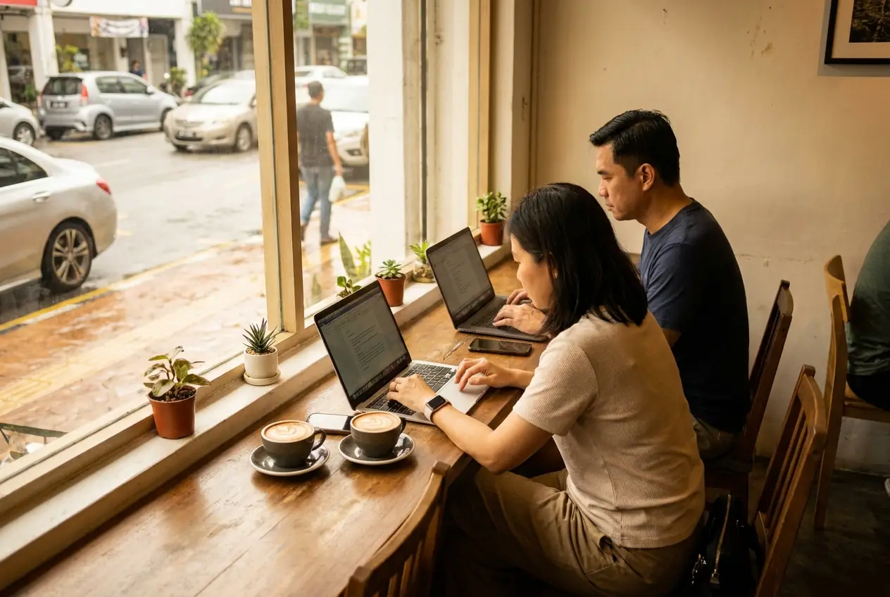 People working on laptops at the window counter facing Jalan Telawi 3